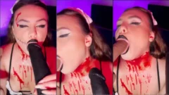 Jana Jenner vestida de Halloween haciendo una mamada con dos consoladores de plástico