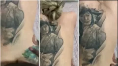 Yasmin Mineira, la famosa mujer tatuada de piel clara, en posición a cuatro patas siendo penetrada por un negro