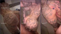 Anny Alves, totalmente tatuada, mostrando su sensualidad mientras se divierte en la ducha