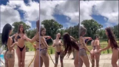 Evy Vieira y sus amigas Emily Mota y Bianca Rosa disfrutando de una tarde soleada junto a la piscina