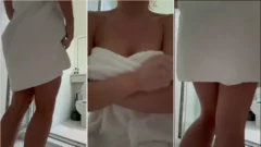 Mandysacs, la joven, muestra sus muslos cubiertos solamente por una toalla, al levantar su trasero revela la piel de sus glúteos