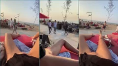 En la playa, sin bragas, tocándose su suave coño