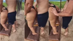 Marido viendo a su esposa divirtiéndose con su amiga en la casa de la playa