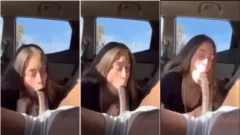 Blag de aficionado travieso dando esa chupada en el rollo negro dentro del auto